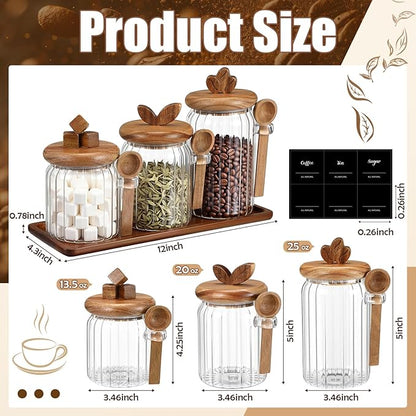 Suclain 3 Pcs Glass Coffee Container with Acacia Wood Lid & Spoon, 25oz, 20.3oz, 15oz Airtight Glass Jar with Wooden Shelf, Food Storage Containers Coffee Jar Tea Container(Acacia Color) - Image 2