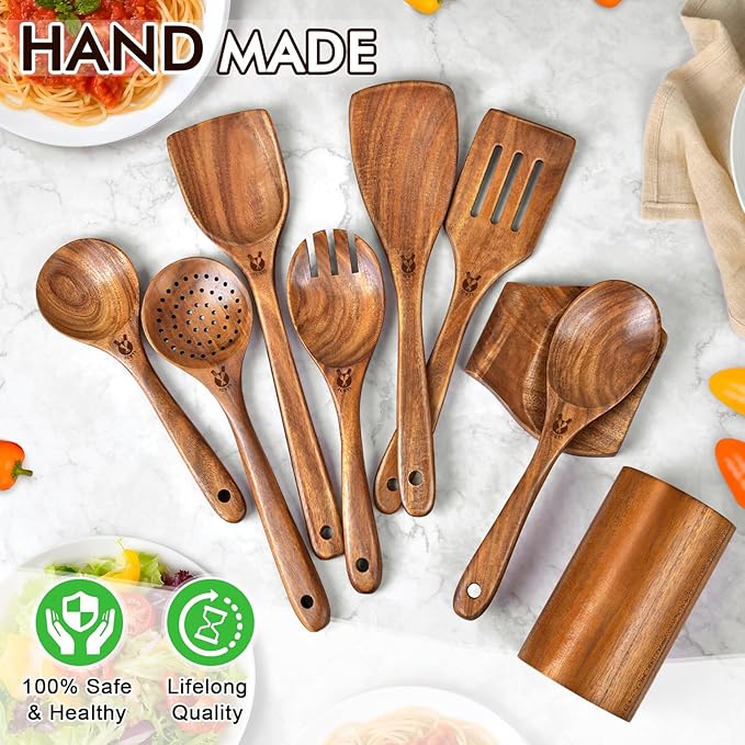 Wooden Spoons for Cooking, 9 Pcs Natural Teak Wooden Utensil Set with Spoon Rest, Comfortable Grip Wooden Cooking Utensils Set with Holder for Nonstick Cookware, Sturdy, Lightweight & Heat Resistant - Image 8