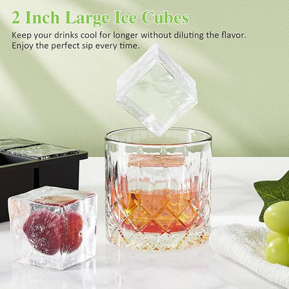 Large Ice Cube Tray for Whiskey: 2" Big Silicone Ice Tray with Lid for Whisky - 3Pack Old Fashioned Ice Cube Trays for Cocktail - Huge Square Cubed Bourbon Ice Cube Maker - Image 4