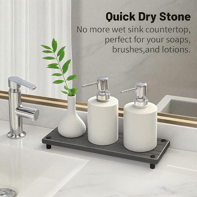 Quick Dry Sink Caddy Kitchen Sink Organizer, Water Absorbing Stone Tray for Sink, Stone Drying Tray, Diatomite Faucet Mat & Protector, Dispenser Sponge Holder, Stone Soap Tray for Bathroom Counter - Image 5