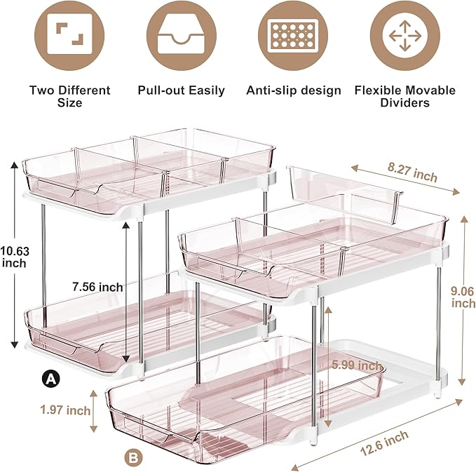 Delamu 2-Tier Multi-Purpose Bathroom Under Sink Organizers and Storage, Stackable Kitchen Pantry Organization, Pull Out Medicine Cabinet Organizer with Movable Dividers, Light Pink, 2 Pack - Image 2