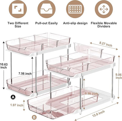 Delamu 2-Tier Multi-Purpose Bathroom Under Sink Organizers and Storage, Stackable Kitchen Pantry Organization, Pull Out Medicine Cabinet Organizer with Movable Dividers, Light Pink, 2 Pack - Image 2
