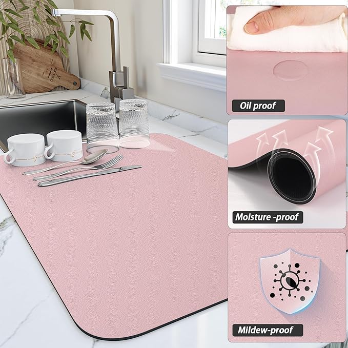 HotLive Dish Drying Mat for Kitchen Counter, Heat Resistant Drainer Mats with Non-slip Rubber Backed, Hide Stain Kitchen Super Absorbent Draining Mat, Easy to Clean Dish Rack Pad, Pink 16"x20" - Image 3