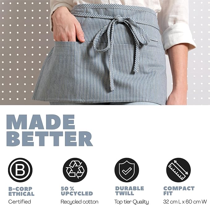 MEEMA Chef Waist Apron Cotton Fabric |Washable & Breathable Waitress & Server Half Aprons for Women with Pockets & Long Waist Straps | Cooking, Baking, Grilling & Crafting