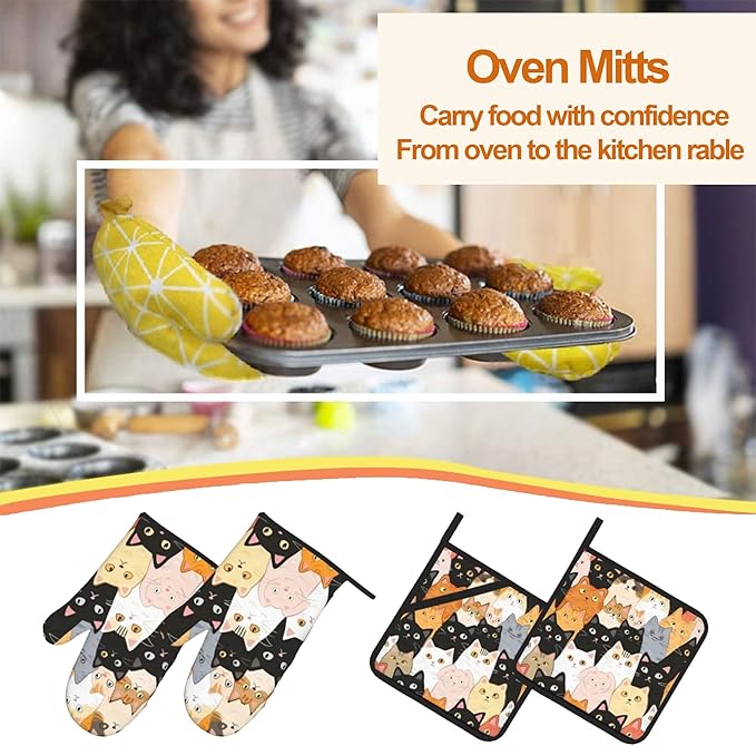Cute Cats Oven Mitts with Matching Potholders - Heat Resistant Kitchen Accessories for Baking, Grilling, Cooking, Gifts for Women