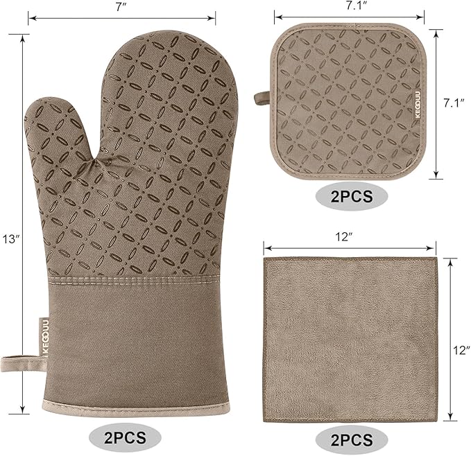 KEGOUU Oven Mitts and Pot Holders 6pcs Set, Kitchen Oven Glove High Heat Resistant 500 Degree Extra Long Oven Mitts and Potholder with Non-Slip Silicone Surface for Cooking (Khaki) - Image 2