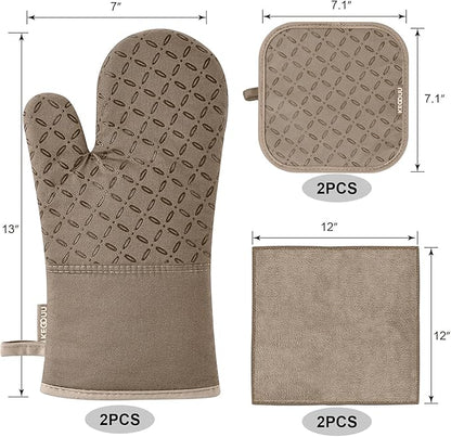 KEGOUU Oven Mitts and Pot Holders 6pcs Set, Kitchen Oven Glove High Heat Resistant 500 Degree Extra Long Oven Mitts and Potholder with Non-Slip Silicone Surface for Cooking (Khaki) - Image 2