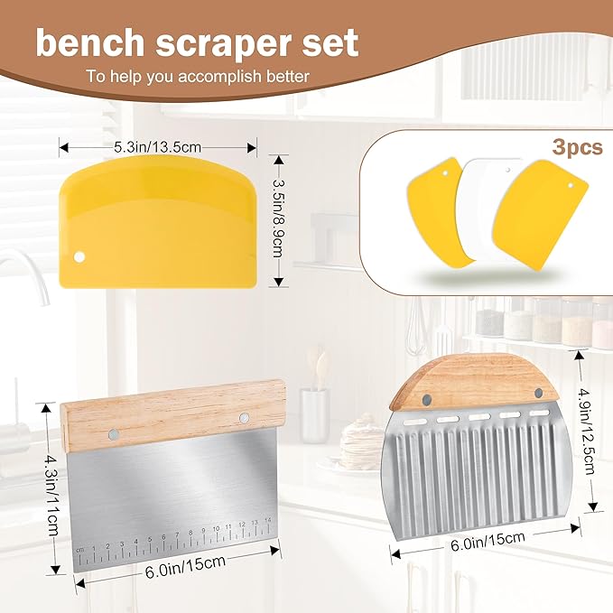 5 Pcs Bench Scraper, Bench Scraper Kitchen 2 Pcs Stainless Steel Dough Scraper with Wood Handle and 3 Pcs PP Food Scraper with Hanging Hole, Multipurpose Bread Dough Cutter for Baking-Yellow - Image 2