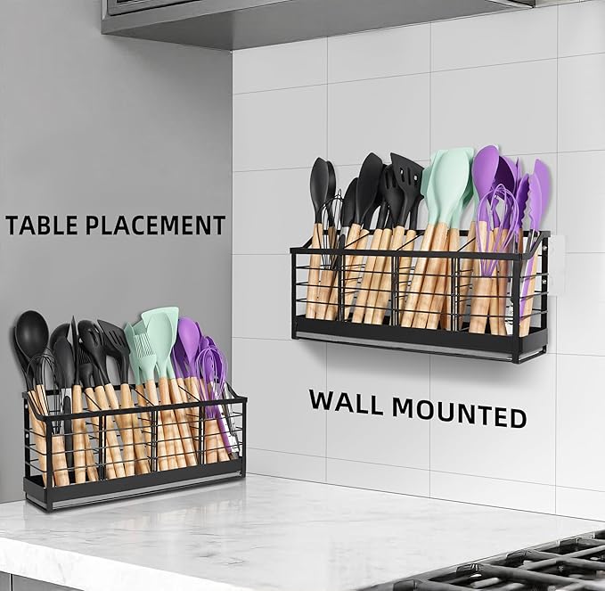 Large Kitchen Utensil Holder with Diatomite Base – Wall-Mountable Utensil Caddy with 4 Compartments – Fast-Drying Matte Black Utensil Organizer for Kitchen Countertop or Wall - Image 5