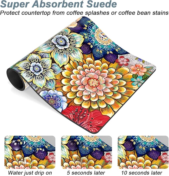 Rnivvi Coffee Mat, 12" x 19" Cute Flower Theme Coffee Bar Mats for Espresso Machine Station Accessories and Organizer, Hide Stain Rubber Backed Absorbent Dish Drying Pad for Kitchen Counter, Mandala - Image 3