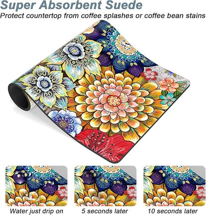Rnivvi Coffee Mat, 12" x 19" Cute Flower Theme Coffee Bar Mats for Espresso Machine Station Accessories and Organizer, Hide Stain Rubber Backed Absorbent Dish Drying Pad for Kitchen Counter, Mandala - Image 3