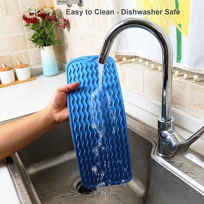 ZLR Silicone Sponge Holder & Sink Caddy Tray (6" x 17") - Narrow Dish Drying Mat for Kitchen Counter - Waterproof Soap Dispenser Organizer, Non-Slip Bathroom Vanity Tray (Lichen Blue) - Image 4