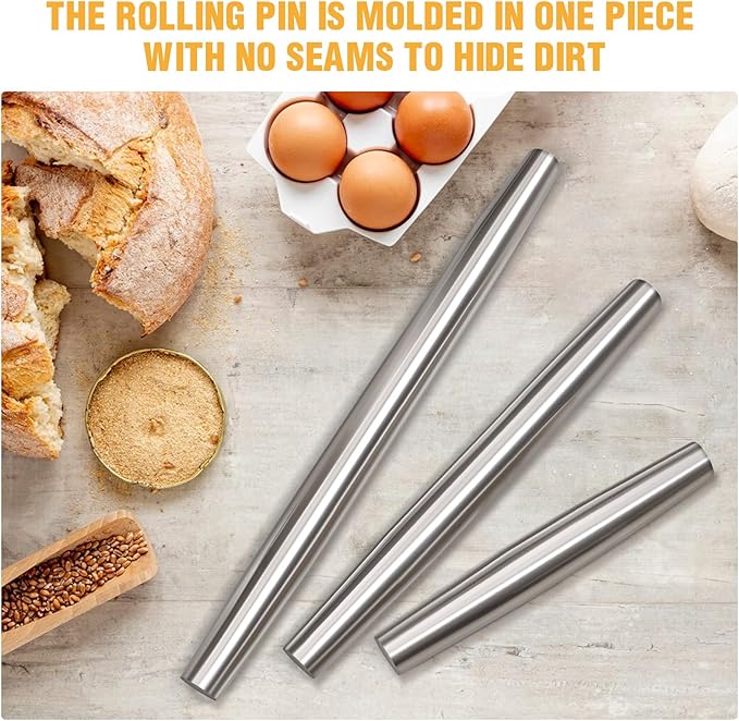 Rolling pin, Smooth Stainless Steel Rolling Pin, Rolling Pin for Baking Fondant, Pizza, Pie, Pastry, Pasta, Dough, Cookies (8.86in) - Image 5
