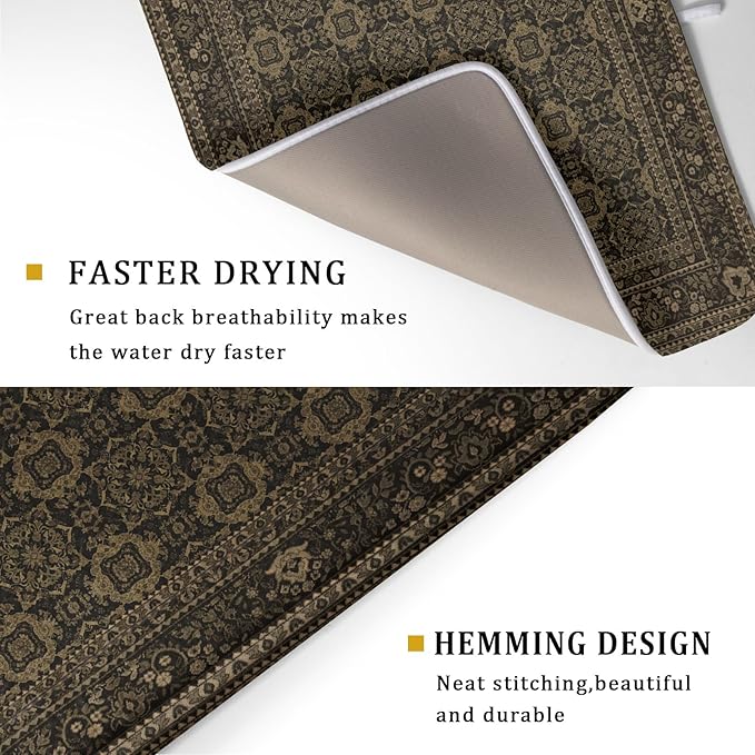 Brown Antique Tabriz Rug Dish Drying Mat for Kitchen Counter,Retro Turkish Vintage Floral Block Print Drying Mat 18 x 24 Inch with Absorbent Reversible Microfiber Drying Pad for Coffee Bar - Image 3