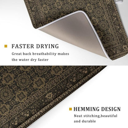 Brown Antique Tabriz Rug Dish Drying Mat for Kitchen Counter,Retro Turkish Vintage Floral Block Print Drying Mat 18 x 24 Inch with Absorbent Reversible Microfiber Drying Pad for Coffee Bar - Image 3