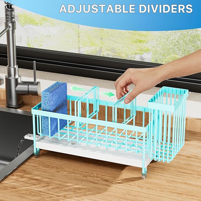 Cisily Sponge Holder for Kitchen Sink, Sink Caddy Organizer with High Brush Holder, Kitchen Countertop Organizers and Storage Essentials, 304 Stainless Steel, Teal Kitchen Decor (Turquoise, 9.25″) - Image 5