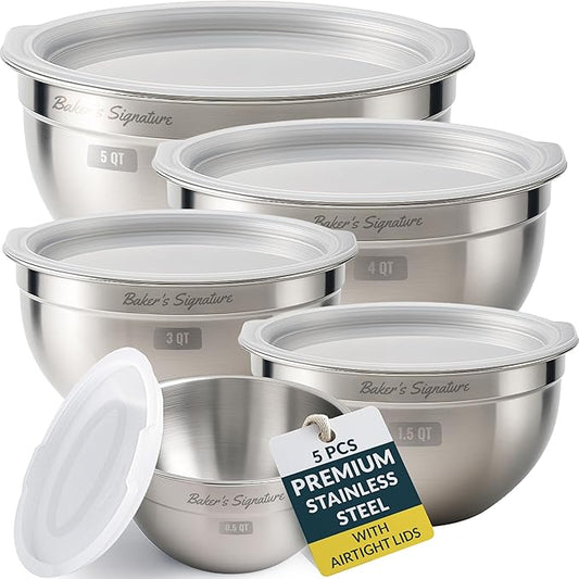 Baker's Signature Stainless Steel Mixing Bowls With Lid, Metal Mixing Bowl Set Of 5, Nesting Set For Food Prep, Baking,Storage, Cooking, Serving | Dishwasher Safe, 0.5/1.5/3/4/5 Qt by BakersSignature