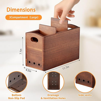 Natural Acacia Wood Utensil Holder for Kitchen Counter (Large), 3 Compartment with Removable Dividers 11.7"x7.1"x4.5", Large Cooking Utensil Organizer - Anti-Scratch Bottom - Image 4