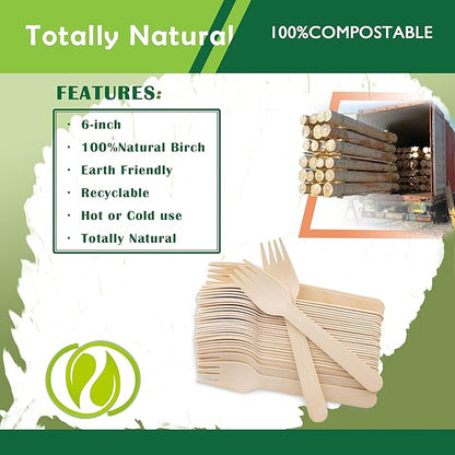Disposable Wooden Forks -Pack of 100, 6.5" Length-Biodegradable, Natural Wooden Utensils, Great for Parties,Camping,Weddings&Dinner Events (Forks) - Image 3