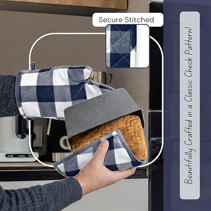 Native Fab Buffalo Plaid Check Oven Mitts and Pot Holders Set of 4, 100% Cotton Heat Resistant Kitchen Gloves, 2 Oven Mitts (7x13), 2 Pot Holders (8x8) for Cooking & Baking, Navy White - Image 3