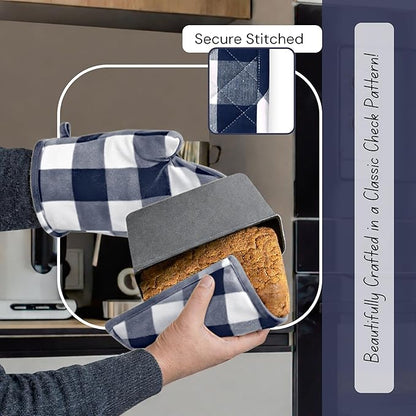Native Fab Buffalo Plaid Check Oven Mitts and Pot Holders Set of 4, 100% Cotton Heat Resistant Kitchen Gloves, 2 Oven Mitts (7x13), 2 Pot Holders (8x8) for Cooking & Baking, Navy White - Image 3