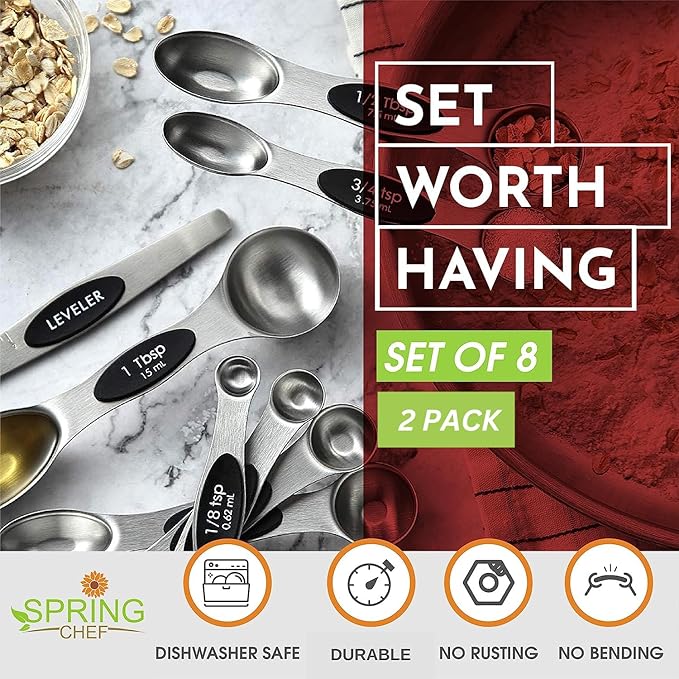 Spring Chef Stainless Steel Magnetic Measuring Spoons Set of 8 with Leveler, Dual Sided Metal Teaspoon & Tablespoon Measuring Spoons, Nesting Kitchen Gadgets for Baking & Cooking - 2 Pack - Black - Image 2
