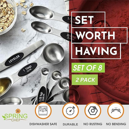 Spring Chef Stainless Steel Magnetic Measuring Spoons Set of 8 with Leveler, Dual Sided Metal Teaspoon & Tablespoon Measuring Spoons, Nesting Kitchen Gadgets for Baking & Cooking - 2 Pack - Black - Image 2
