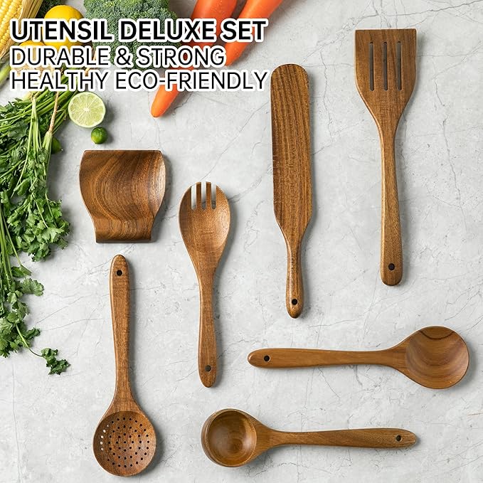 Wooden Utensil Set 8 Pcs - Natural Non-Toxic Acacia Wooden Spoons for Cooking, Nonstick, Sturdy, Non-Scratch, Easy to Clean, Wood Kitchen Utensils Set with Holder, Spoon Rest & 6 Hooks - Image 4