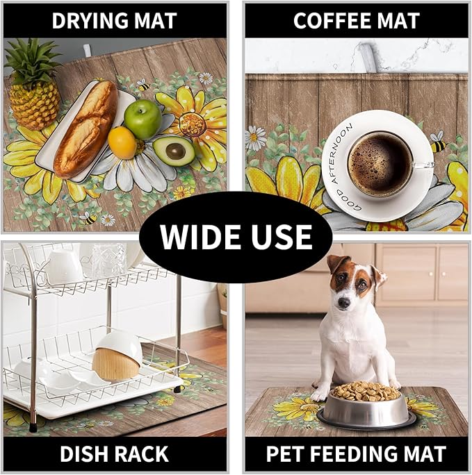 Rustic Daisy Floral Dish Drying Mat for Kitchen Counter Spring Summer Sunflower Dish Drying Mat Bee Absorbent Microfiber Dish Mat Reversible Dish Drainer Rack Mat 16x18 Inch - Image 7