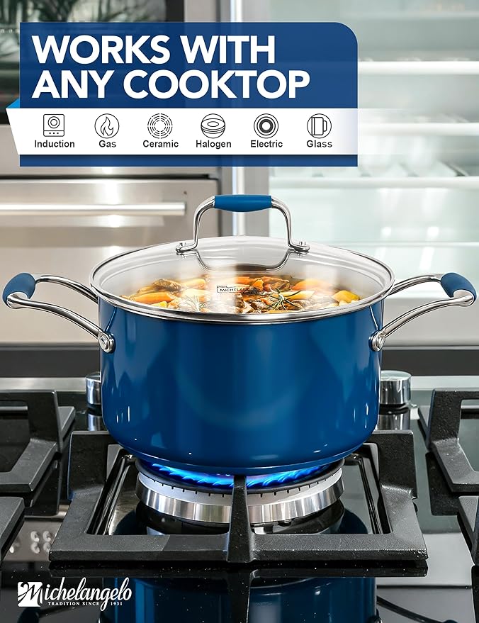 MICHELANGELO Stainless Steel Stock Pots - Induction Soup Pot with Lid, 6 Qt Non-Toxic Cooking Pot, Oven & Dishwasher Safe, Blue Exterior - Image 4