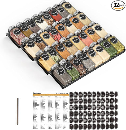 SpaceAid Spice Drawer Organizer with 32 Spice Jars, 386 Spice Labels, 4 Tier Seasoning Rack Tray Insert for Kitchen Drawers, 15" Wide x 17.5" Deep by SpaceAid