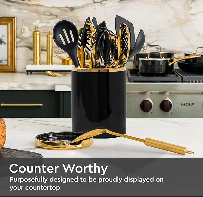 STYLED SETTINGS Black and Gold Utensil Holder with Built-in Spoon Rest - 2 PC Large Ceramic Utensil Holder Includes Black & Gold Spoon Rest - Luxury Kitchen Accessories - Utensils Not Included - Image 3
