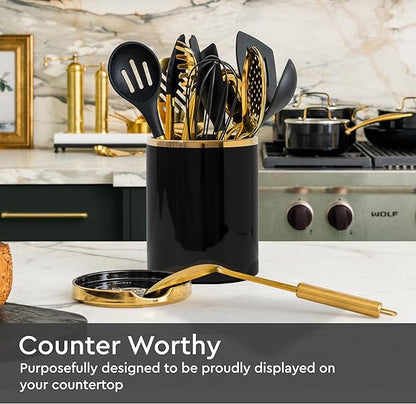 STYLED SETTINGS Black and Gold Utensil Holder with Built-in Spoon Rest - 2 PC Large Ceramic Utensil Holder Includes Black & Gold Spoon Rest - Luxury Kitchen Accessories - Utensils Not Included - Image 3
