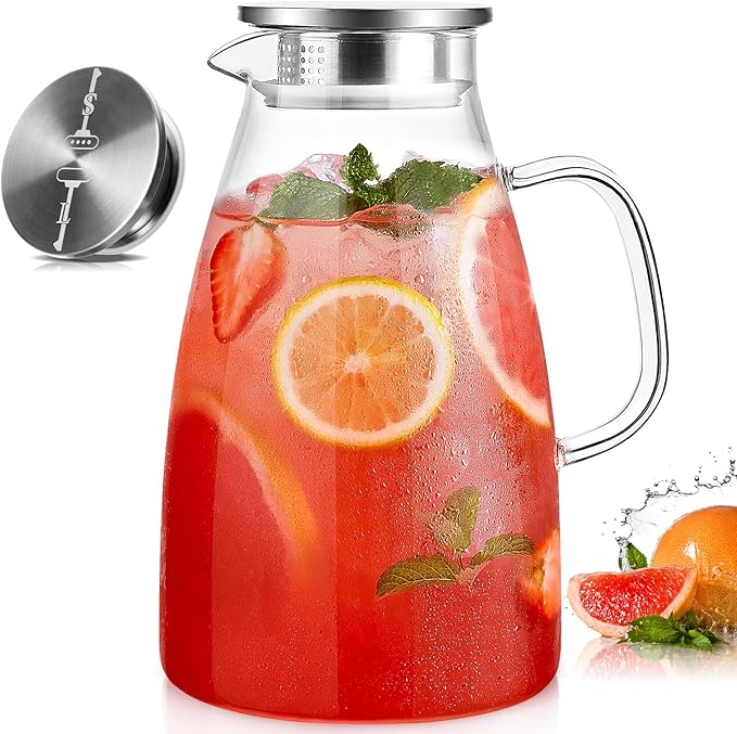 Glass Pitcher with Lid, 3 Liter 100oz Water Pitcher with Handle and Spout for Fridge, Borosilicate Glass for Iced Tea, Juice, Sangria, Cold/Hot Beverage, Large Jug by Potdoctor