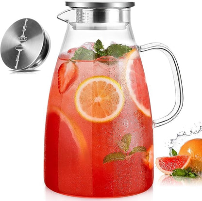 Glass Pitcher with Lid, 3 Liter 100oz Water Pitcher with Handle and Spout for Fridge, Borosilicate Glass for Iced Tea, Juice, Sangria, Cold/Hot Beverage, Large Jug by Potdoctor