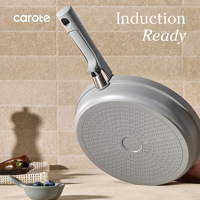 Carote 20pcs Ceramic Cookware Set with Detachable Handles, Pots and Pans Set Non Stick, RV Kitchen Cooking Pot and Pan, Dishwasher Safe, Non-toxic Induction Cookware PFAS and PFOA Free, Grey - Image 4