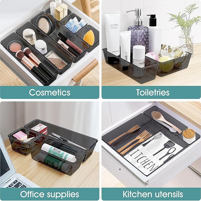 WOWBOX 25 PCS Plastic Drawer Organizer Set, Desk Drawer Divider Organizers and Storage Bins for Makeup, Jewelry, Gadgets for Kitchen, Bedroom, Bathroom, Office, Black - Image 5