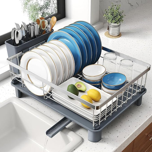 SNTD Dish Drying Rack - Small Dish Rack for Kitchen Counter, Stainless Steel Dish Drainer with Utensil Holder and Drainboard, 12.9" W x 16.9" L (Silver) by SNTD