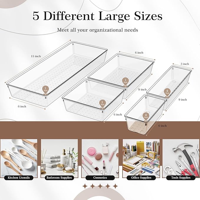 Criusia 11 PCS Clear Plastic Drawer Organizer Set - 5 Large Size Versatile Kitchen and Bathroom Organizer Trays, Non-Slip Storage Bins for Makeup, Utensils, Tool and Office Desk - Image 2