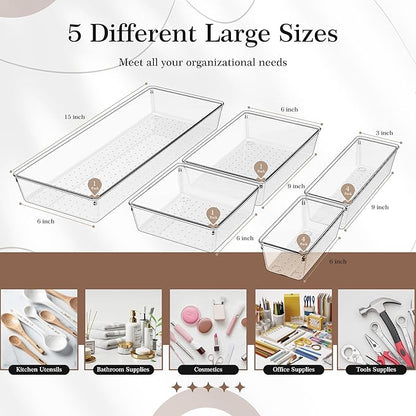 Criusia 11 PCS Clear Plastic Drawer Organizer Set - 5 Large Size Versatile Kitchen and Bathroom Organizer Trays, Non-Slip Storage Bins for Makeup, Utensils, Tool and Office Desk - Image 2