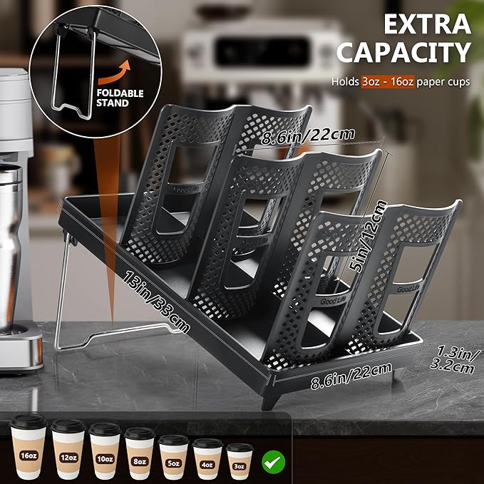 6-Slot Paper Cup and Lid Holder, Disposable Coffee Cup Dispenser, Upright Paper Cup Dispenser for Coffee Stations, Kitchens, Bars, Restaurants, Lounges (Black)