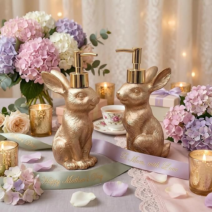 Gold Bunny Soap Dispenser Set of 2 – Vintage Rabbit Hand & Dish Soap Dispensers for Kitchen Sink & Bathroom Vanity – Rust Proof Pump Lotion Bottles – Resin Animal Statues Home Decor, 8oz