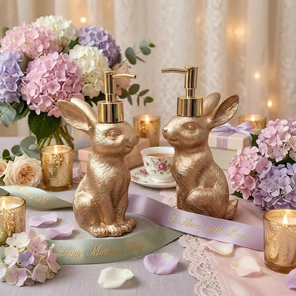 Gold Bunny Soap Dispenser Set of 2 – Vintage Rabbit Hand & Dish Soap Dispensers for Kitchen Sink & Bathroom Vanity – Rust Proof Pump Lotion Bottles – Resin Animal Statues Home Decor, 8oz