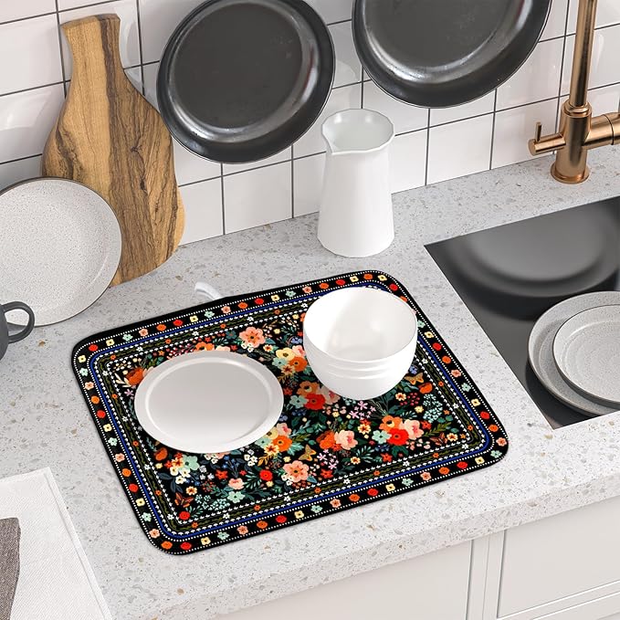 Black Flowers Dish Drying Pad Boho Floral Washable Microfiber Kitchen Mat for Home Decor - Image 6