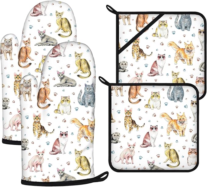 Cute Cats Oven Mitts and Pot Holders Sets 4Pcs,Extra Long Oven Gloves Potholder for Kitchen Cooking Baking BBQ 100% Cotton Heat Resistant by VisittheDuibelproduct