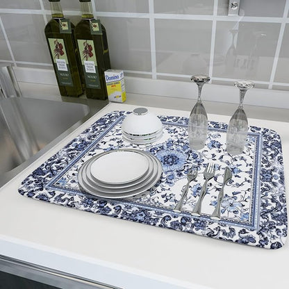 Boho Floral Dish Drying Mat 18x24 Inch Blue Leaves Kitchen Drying Pad Reversible Absorbent Dish Drainer Rack Mats Counter Tableware Decor