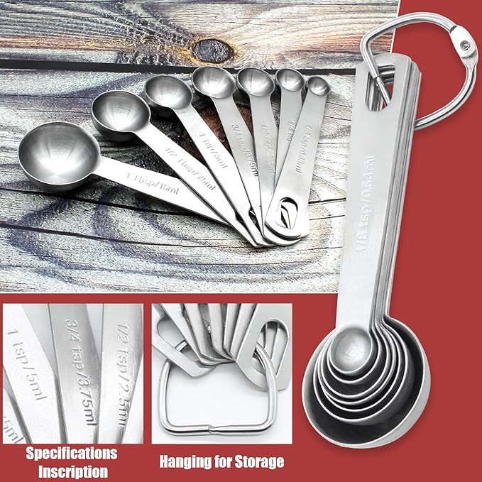 Luomorgo 7 Pcs/Set Measuring Spoons Set, Stainless Steel Measuring Spoons & Tablespoons, 1/8 tsp, 1/4 tsp, 1/2 tsp, 3/4 tsp, 1 tsp, 1/2 tbsp, 1 tbsp for Measuring Dry and Liquid Ingredients - Image 4