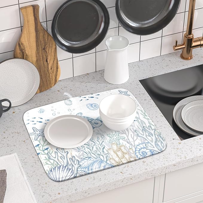 Giwawa Ocean Turtle Dish Drying Mat, Coastal Sea Tortoise Decorative Dish Drainer Mats, Summer Nautical Beach Themed Reversible Dish Drying Rack Pad Protector for Kitchen Countertop, 16"x18"