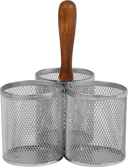 Mind Reader 3-Compartment Mesh Organizer Caddy with Wooden Handle, Multi-Purpose Desktop or Countertop Storage, Metal Mesh, 7.5"L x 7.5"W x 9.75"H, Silver by MindReader
