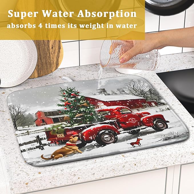 Christmas Red Truck Dish Drying Mat for Kitchen Counter 16x18 Inch Xmas Tree Snowman Dog Winter Print Absorbent Reversible Microfiber Drying Mats Kitchen Countertop Protector Dishes Drainer Rack Pad - Image 7